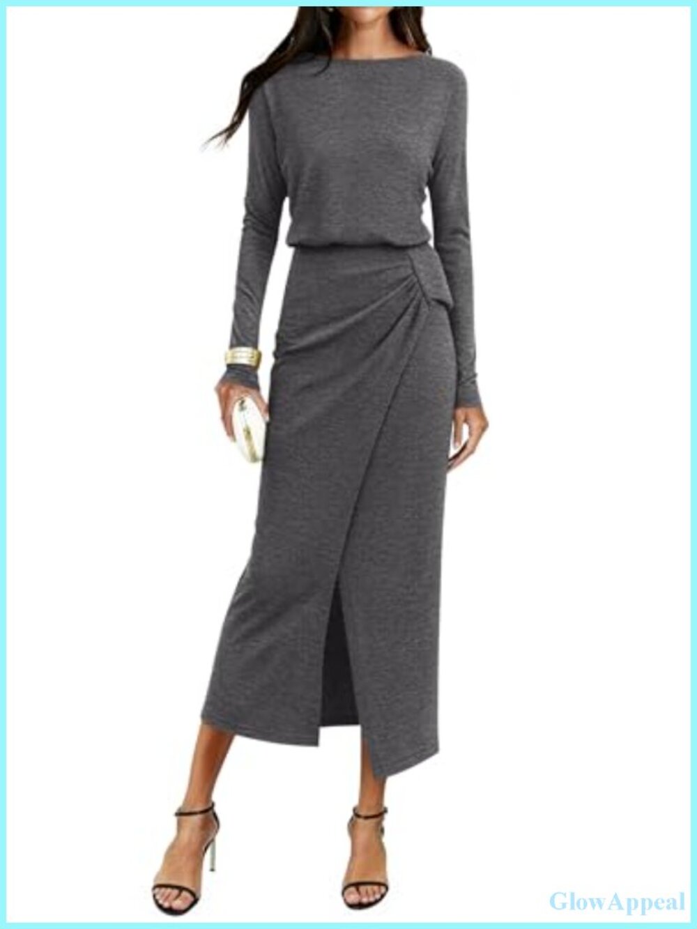 Boat Neck Wrap Ruched Front Slit Knit Long Sleeve Maxi Dress